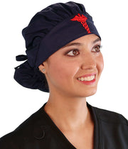 Embellished Banded Bouffant - Navy Banded Bouffant with Red Caduceus Patch