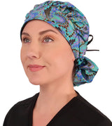 Banded Bouffant Surgical Scrub Cap - Peacock Plumes with Black Ties - Banded Bouffant Surgical Scrub Caps - Sparkling EARTH