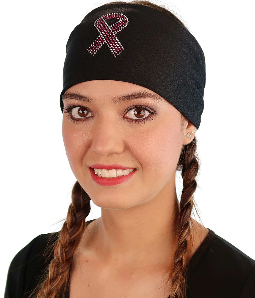 Embellished Stretch Headband - Black Headband with Pink Ribbon Rhinestud Design - Stretch Headbands - Sparkling EARTH