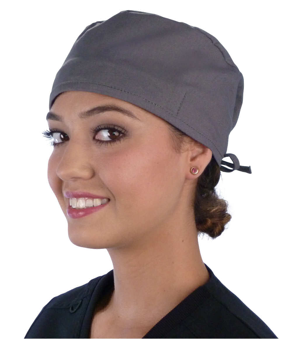Front Facing View of a Woman Wearing a Classic Cotton Surgical Scrub Cap - Solid Grey Scrub Cap