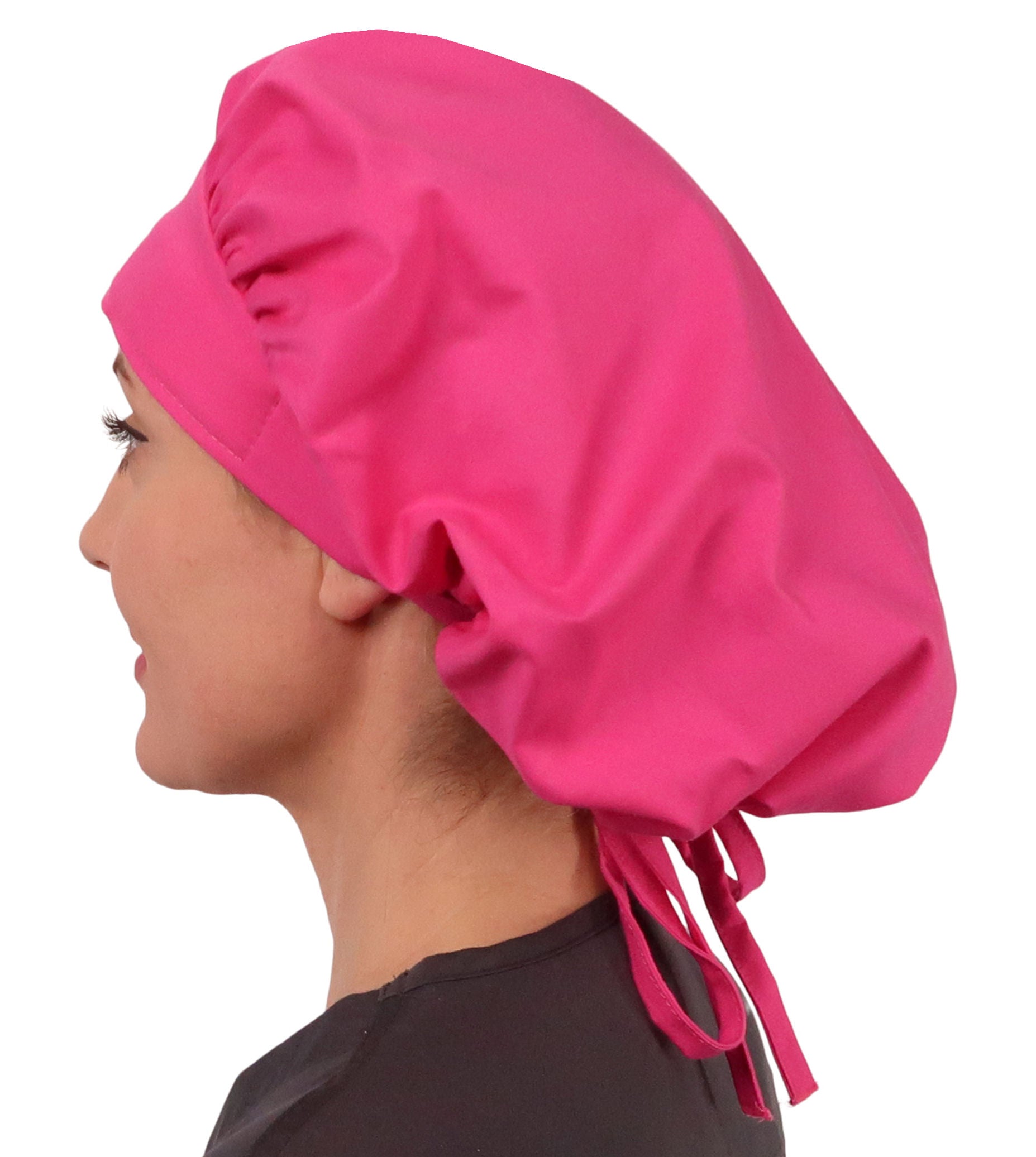 Side Facing Untied View of a Woman Wearing a Tied Back Banded Bouffant Ponytail Surgical Scrub Cap - Solid Hot Pink Fabric