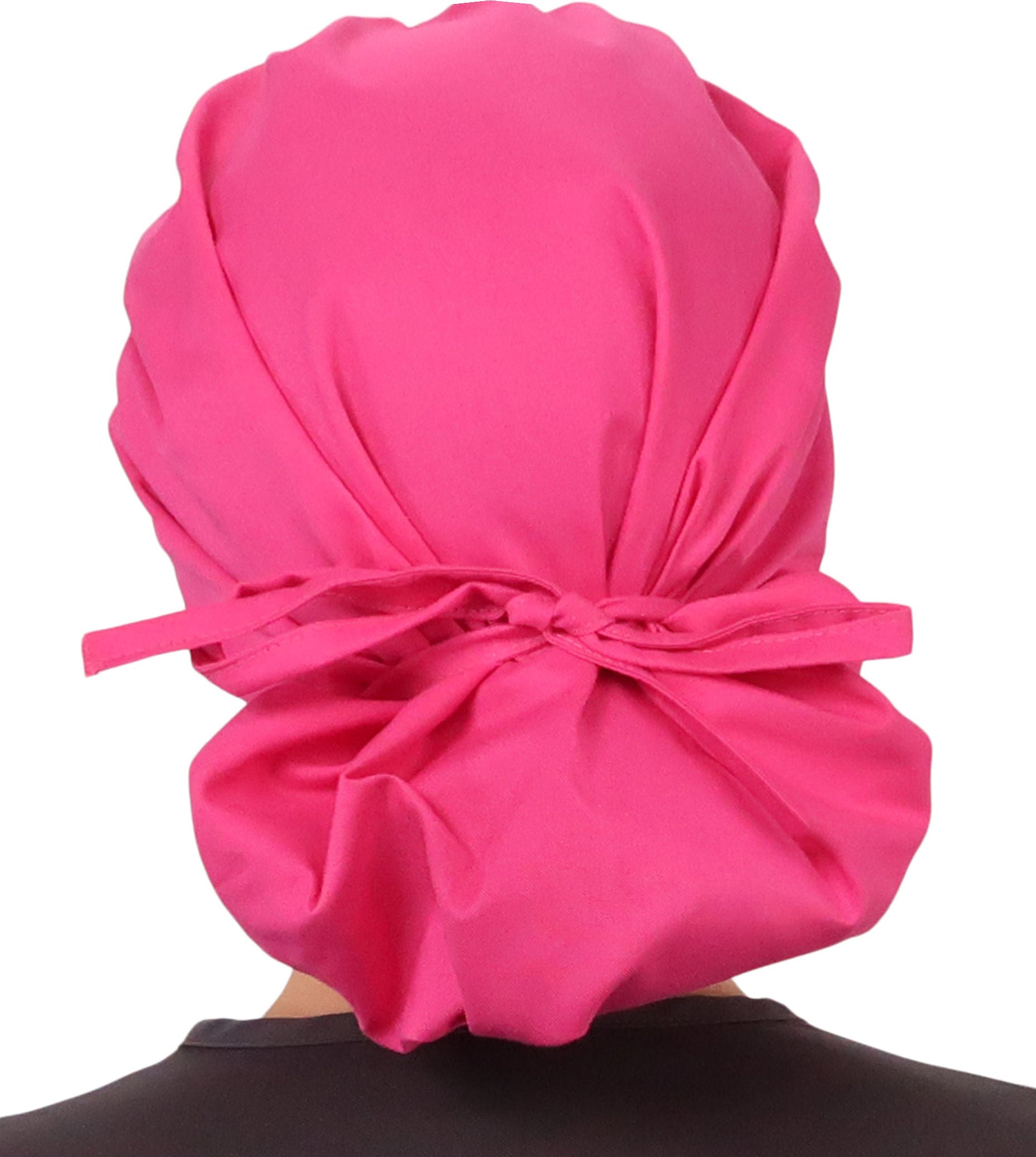 Back Facing Tied View of a Woman Wearing a Tied Back Banded Bouffant Ponytail Surgical Scrub Cap - Solid Hot Pink Fabric