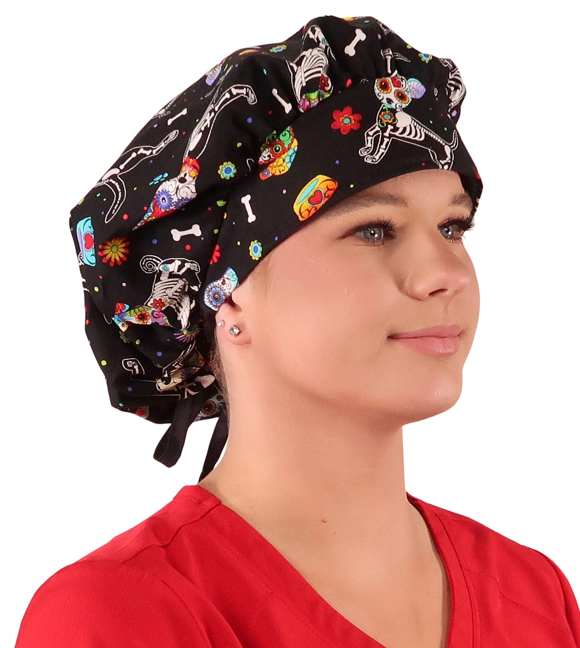 Front Facing Untied View of a Woman Wearing a Tied Back Banded Bouffant Ponytail Surgical Scrub Cap - X - Ray Dogs Patterned Fabric with Black Ties 