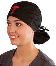 Embellished Big Hair Surgical Cap - Black Big Hair with Red Caduceus Patch