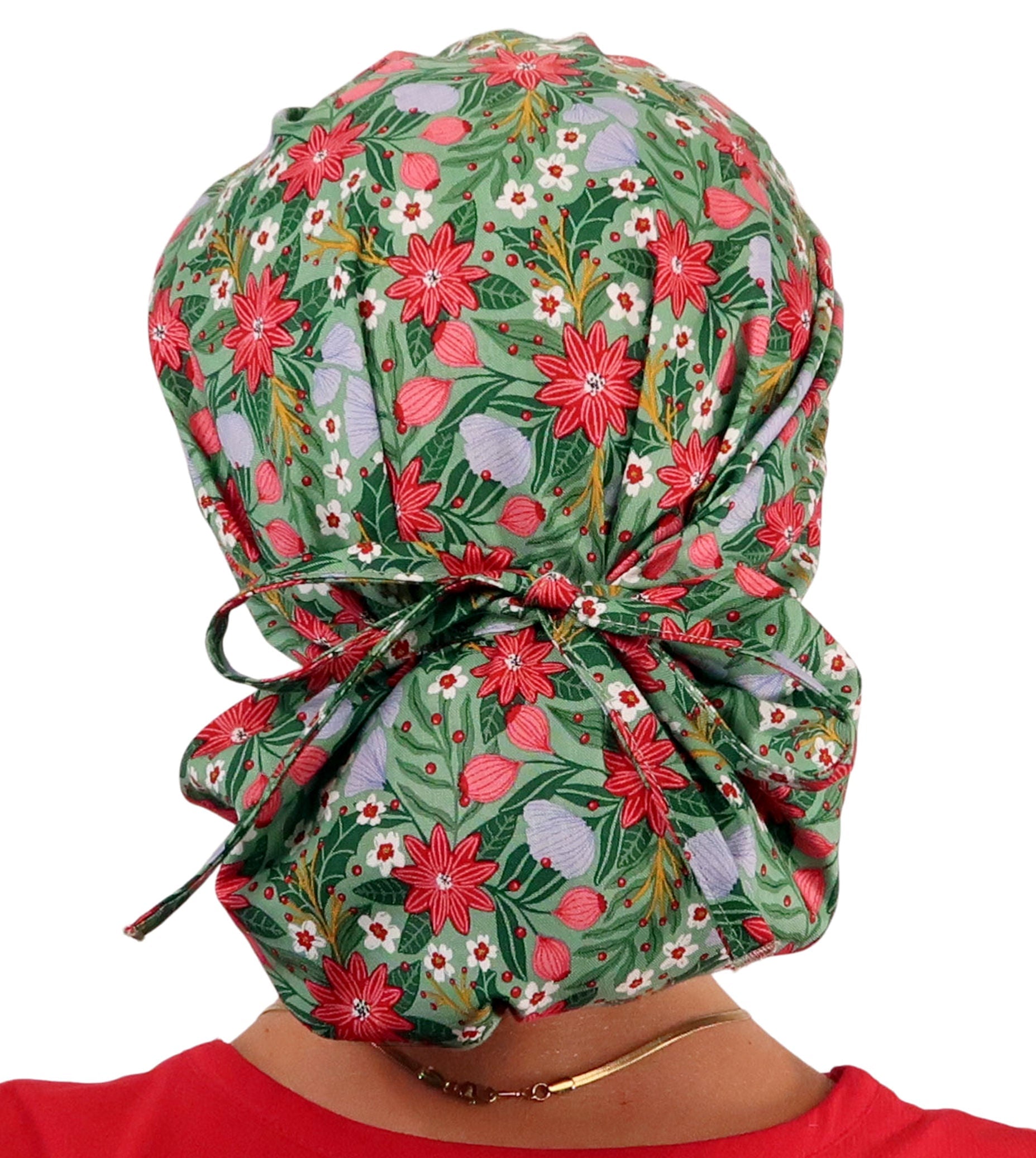 Stylish American Made Banded Bouffant Ponytail Scrub Cap - Poinsettia Party Banded Bouffant Surgical Scrub Caps