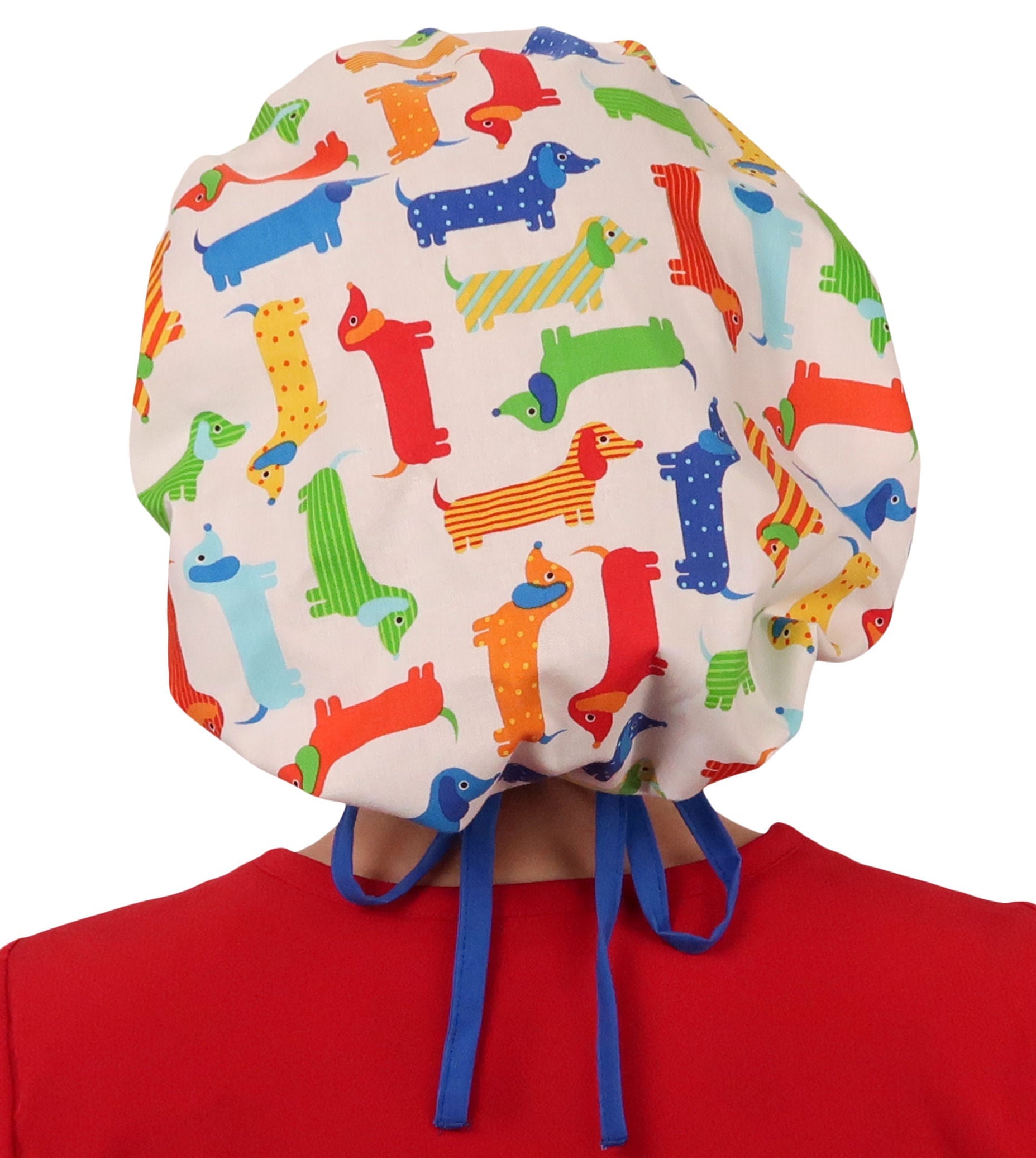 Back Facing Untied View of a Woman Wearing a Banded Bouffant Ponytail Surgical Scrub Cap - Wiener Dogs Pattern with a Royal Band and Ties   