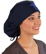 Embellished Big Hair Surgical Cap - Navy Big Hair with Blue Caduceus Patch