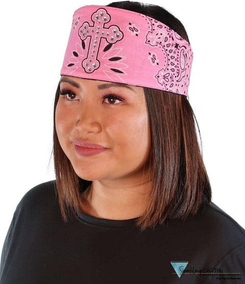 Chop Top Biker Style Headbands - Pink Cross Paisley with Rhinestones - Imported Chop Tops - Sparkling EARTH