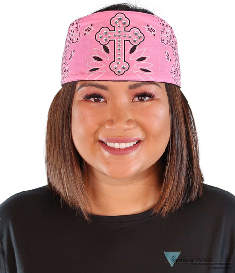 Chop Top Biker Style Headbands - Pink Cross Paisley with Rhinestones - Imported Chop Tops - Sparkling EARTH