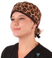 Classic Cotton Surgical Scrub Cap - American-Made - Plentiful Paws on Brown Plaid with Black Ties Surgical Scrub Caps