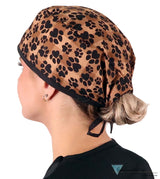Classic Cotton Surgical Scrub Cap - American-Made - Plentiful Paws on Brown Plaid with Black Ties Surgical Scrub Caps