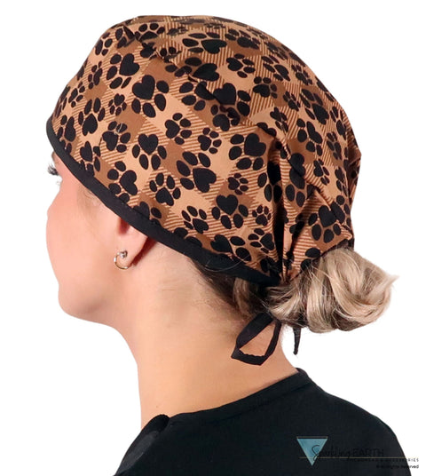 Classic Cotton Surgical Scrub Cap - American-Made - Plentiful Paws on Brown Plaid with Black Ties Surgical Scrub Caps