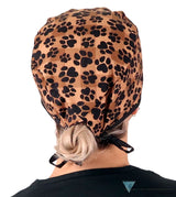 Classic Cotton Surgical Scrub Cap - American-Made - Plentiful Paws on Brown Plaid with Black Ties Surgical Scrub Caps