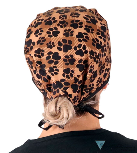 Classic Cotton Surgical Scrub Cap - American-Made - Plentiful Paws on Brown Plaid with Black Ties Surgical Scrub Caps