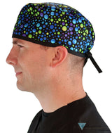 Classic Cotton Surgical Scrub Cap American Made with Sweatband Blue Green & Purple Dots with Black Ties Surgical Scrub