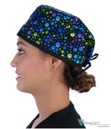 Classic Cotton Surgical Scrub Cap American Made with Sweatband Blue Green & Purple Dots with Black Ties Surgical Scrub