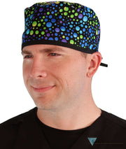 Classic Cotton Surgical Scrub Cap American Made with Sweatband Blue Green & Purple Dots with Black Ties Surgical Scrub