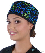 Classic Cotton Surgical Scrub Cap American Made with Sweatband Blue Green & Purple Dots with Black Ties Surgical Scrub