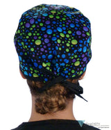 Classic Cotton Surgical Scrub Cap American Made with Sweatband Blue Green & Purple Dots with Black Ties Surgical Scrub