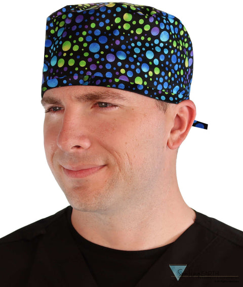 Classic Cotton Surgical Scrub Cap - American-Made with Sweatband - Blue Green & Purple Dots with Black Ties Surgical
