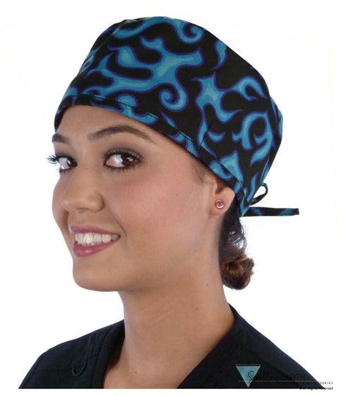 Surgical Scrub Cap - Blue Liquid Flames on Black - Surgical Scrub Caps - Sparkling EARTH