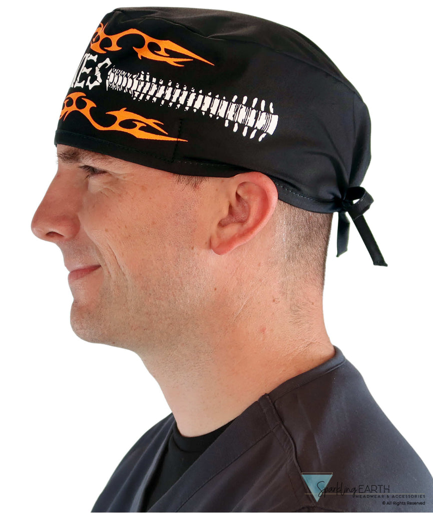 Side facing image of a man in scrubs wearing a Classic Surgical Scrub Cap in a Bones on Black pattern.