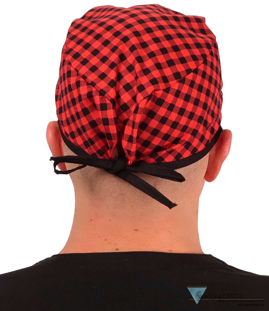 Classic Cotton Surgical Scrub Cap - American-Made with Sweatband - Buffalo Check with Black Ties Surgical Scrub Caps