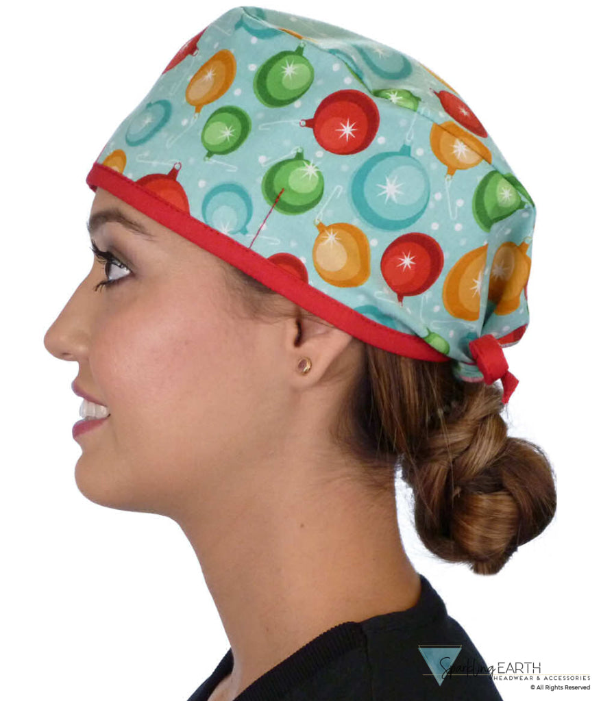 Classic Cotton Surgical Scrub Cap - Ornaments with Red Ties Womens Side View