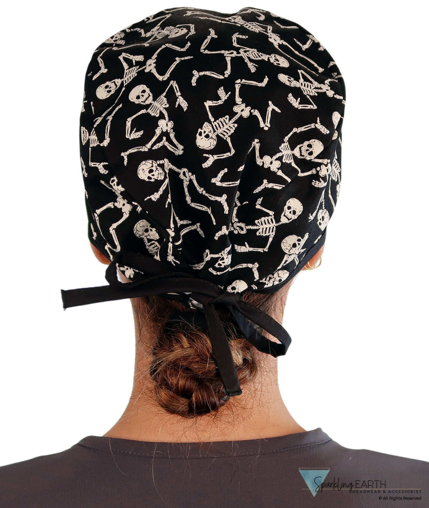 Classic Cotton Surgical Scrub Cap - American-Made with Sweatband - Dancing Skeletons with Black Ties (Glow In The Dark)