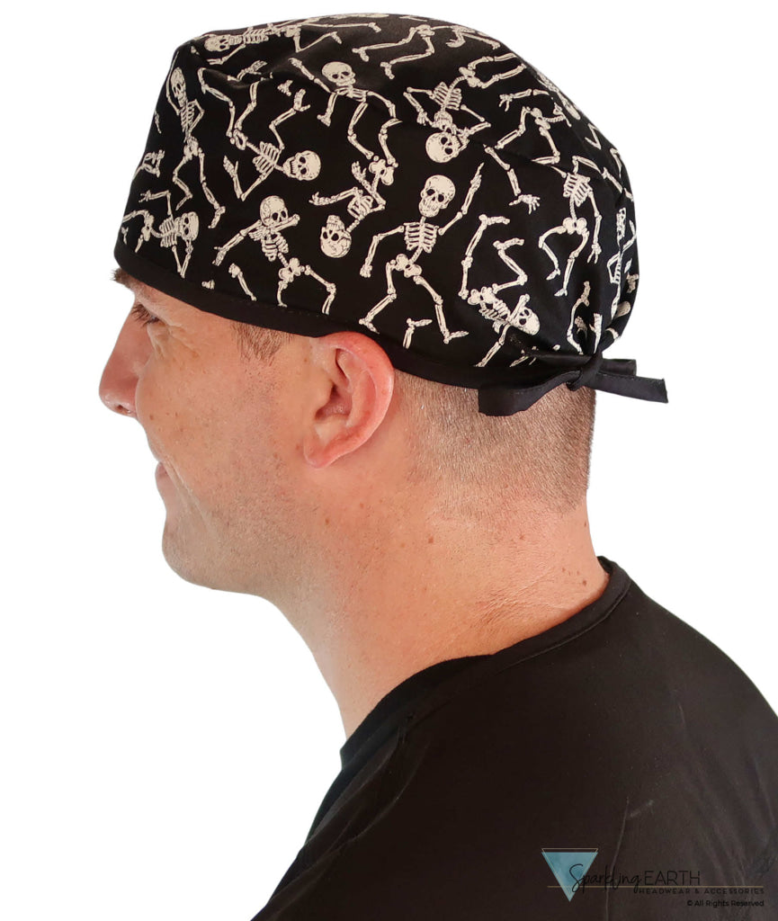Classic Cotton Surgical Scrub Cap - American-Made with Sweatband - Dancing Skeletons with Black Ties (Glow In The Dark)