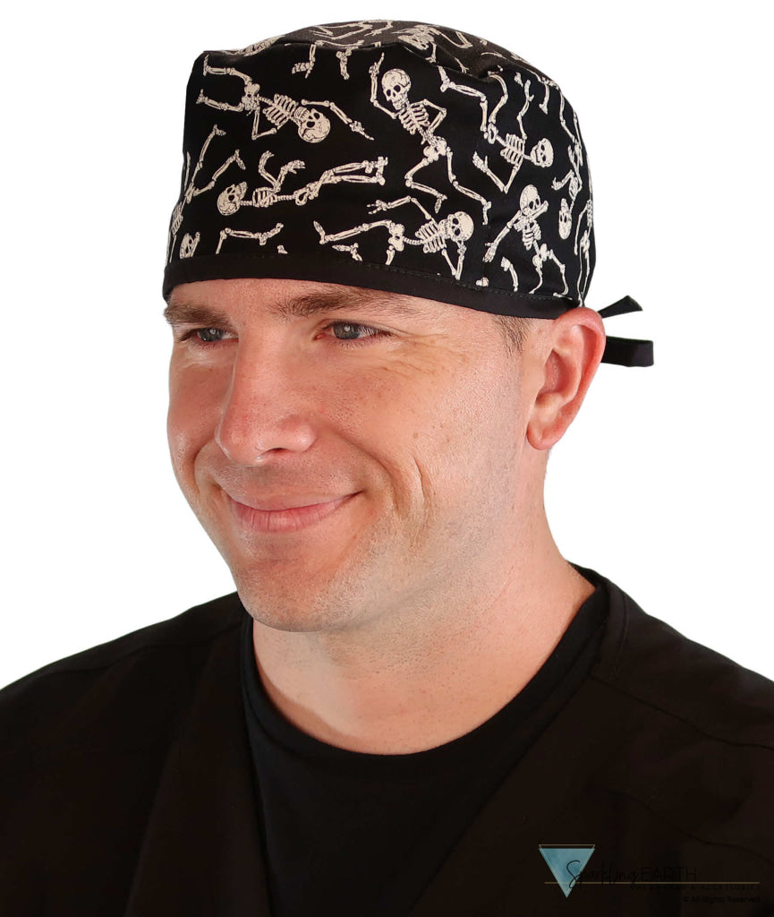 Classic Cotton Surgical Scrub Cap - American-Made with Sweatband - Dancing Skeletons with Black Ties (Glow In The Dark)