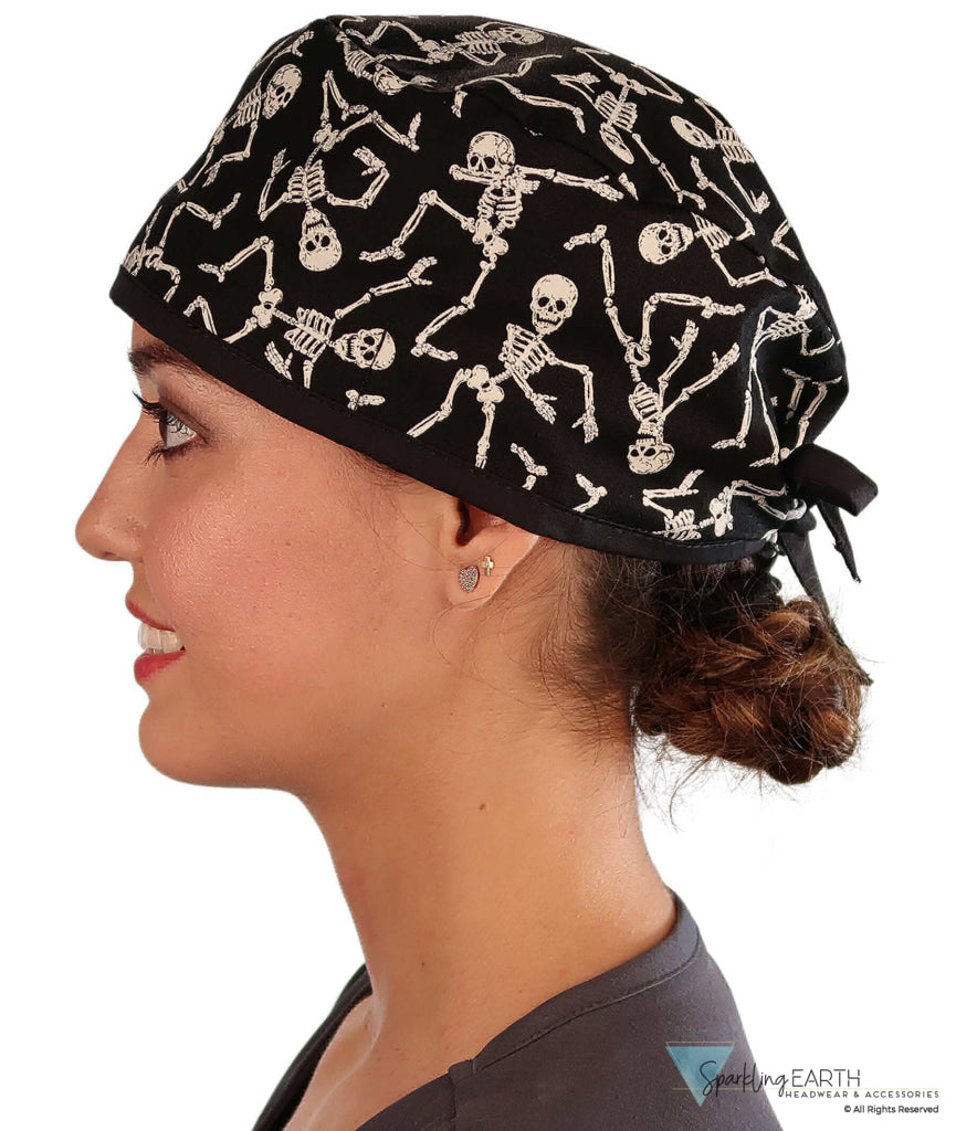 Classic Cotton Surgical Scrub Cap - American-Made with Sweatband - Dancing Skeletons with Black Ties (Glow In The Dark)