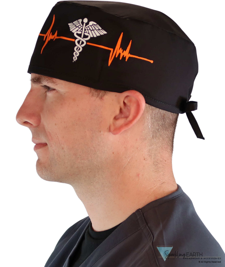 Side facing image of a man in scrubs wearing a Classic Surgical Scrub Cap in a EKG Signal and Medical Sign pattern.