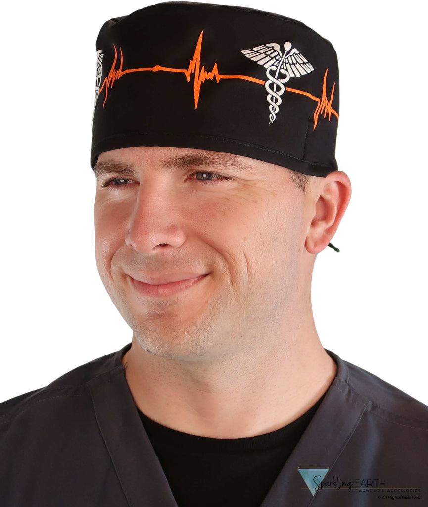 Front facing image of a man in scrubs wearing a Classic Surgical Scrub Cap in a EKG Signal and Medical Sign pattern.