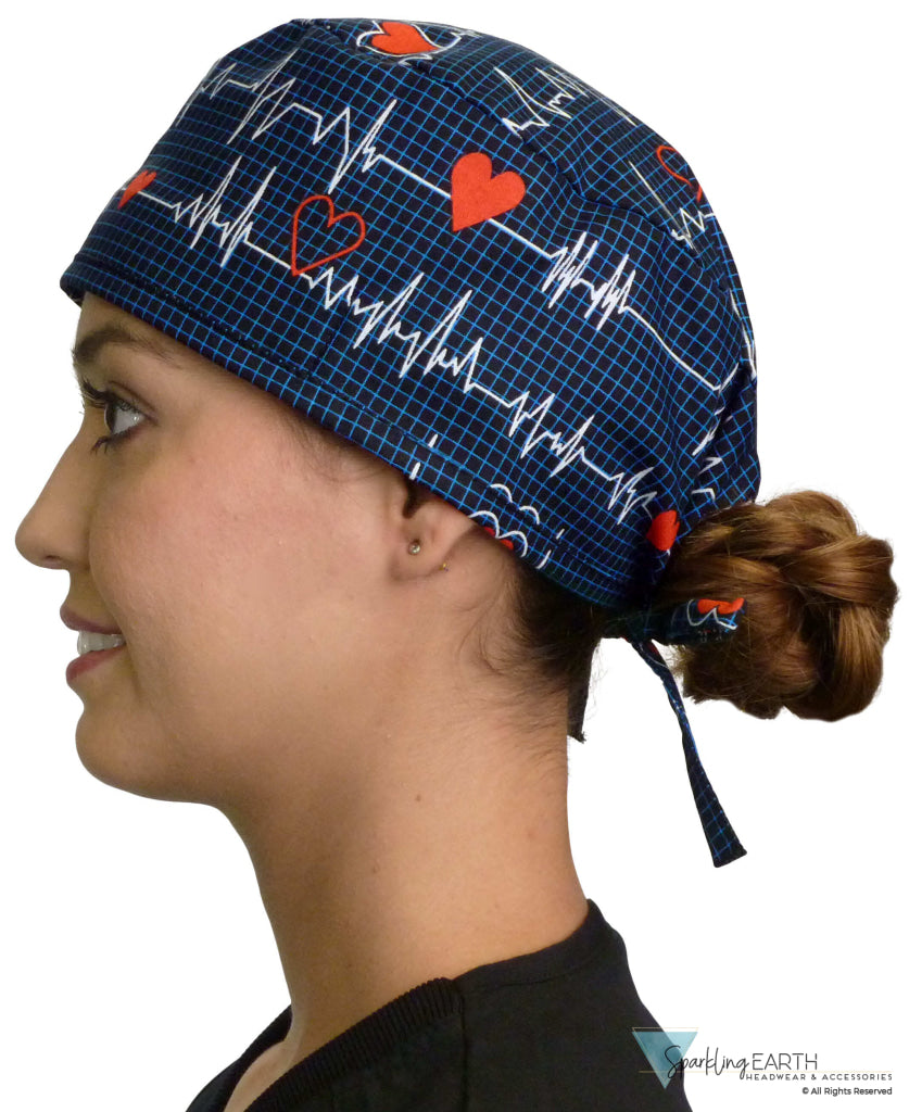 Classic Cotton Surgical Scrub Cap - American-Made with Sweatband - Heartbeats on Navy Surgical Scrub Caps