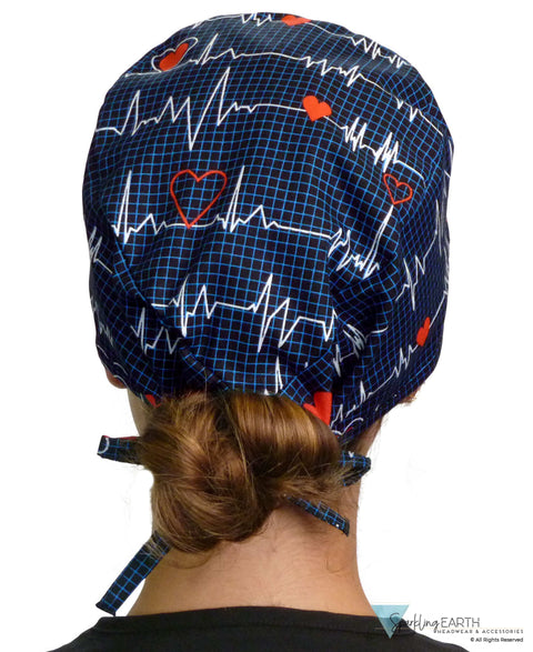 Classic Cotton Surgical Scrub Cap American Made with Sweatband Heartbeats on Navy Surgical Scrub Caps