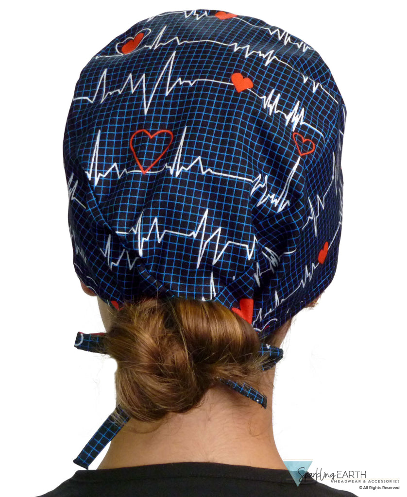 Classic Cotton Surgical Scrub Cap - American-Made with Sweatband - Heartbeats on Navy Surgical Scrub Caps