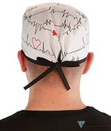 Classic Cotton Surgical Scrub Cap American Made with Sweatband Heartbeats on White with Black Ties Surgical Scrub Caps