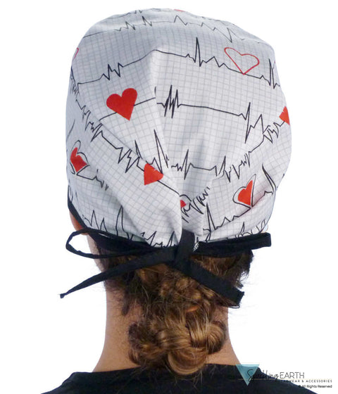 Classic Cotton Surgical Scrub Cap American Made with Sweatband Heartbeats on White with Black Ties Surgical Scrub Caps