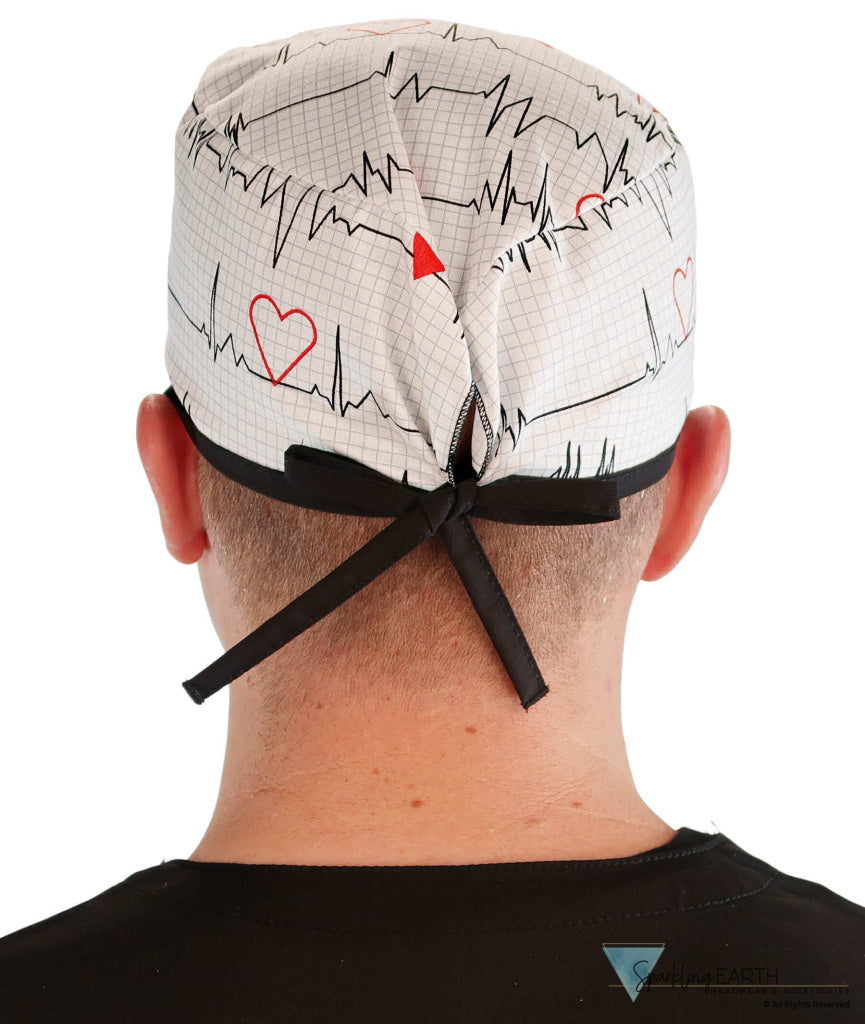 Back facing image of a man in scrubs wearing a Classic Surgical Scrub Cap in a Heartbeats on White pattern.
