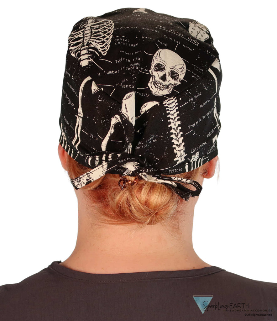 Back Facing View of a woman Wearing a Classic Cotton Surgical Scrub Cap - Human Body Skeleton (Glow In The Dark) Pattern.