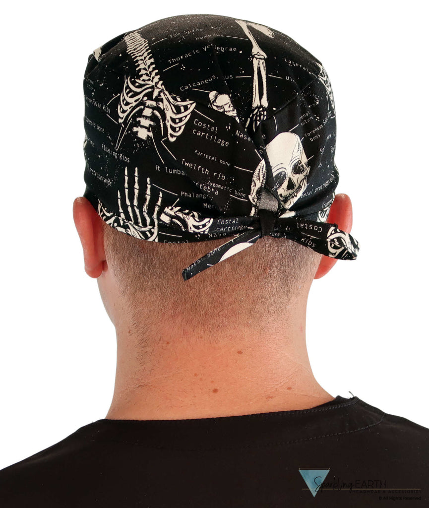Back Facing View of a man Wearing a Classic Cotton Surgical Scrub Cap - Human Body Skeleton (Glow In The Dark) Pattern.