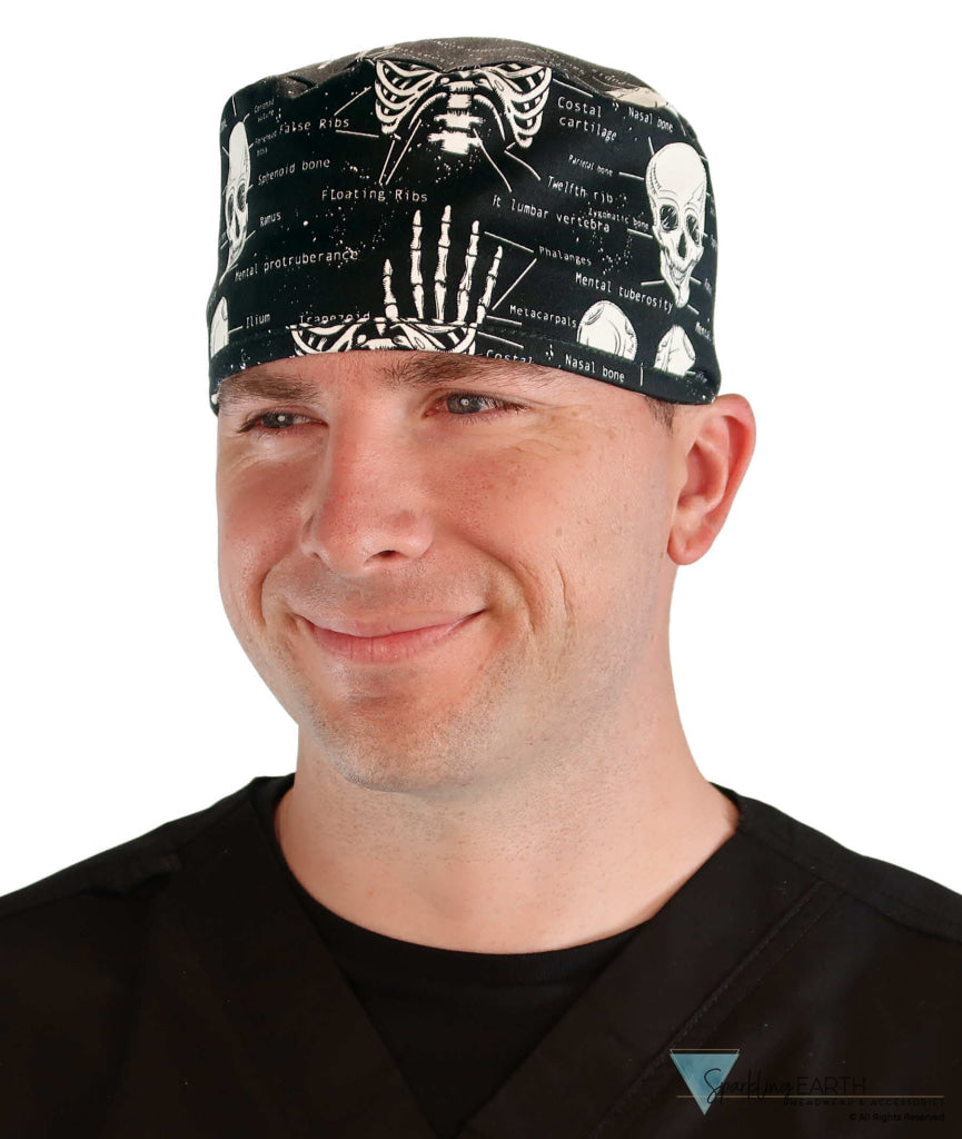 Front Facing View of a man Wearing a Classic Cotton Surgical Scrub Cap - Human Body Skeleton (Glow In The Dark) Pattern.