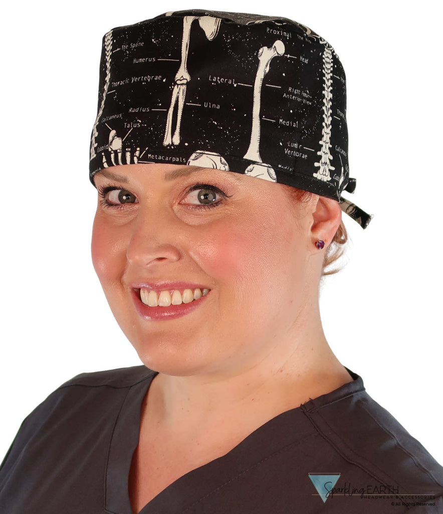 Front Facing View of a woman Wearing a Classic Cotton Surgical Scrub Cap - Human Body Skeleton (Glow In The Dark) Pattern.