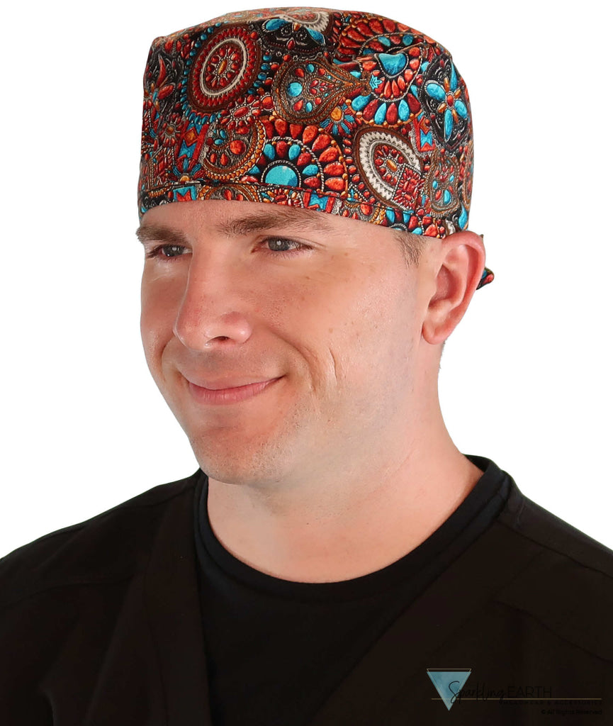 Front facing image of a man in scrubs wearing a Classic Surgical Scrub Cap in Indian Jewelry Coral pattern.