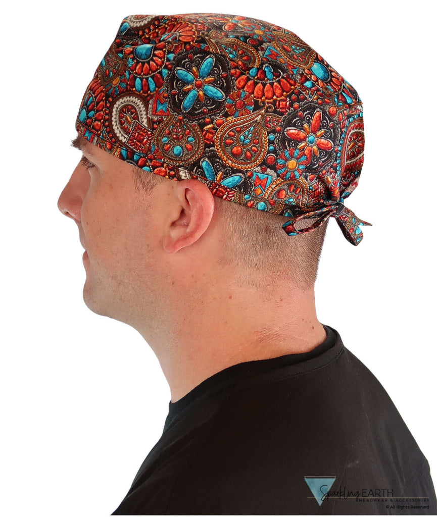 Side facing image of a man in scrubs wearing a Classic Surgical Scrub Cap in Indian Jewelry Coral pattern.