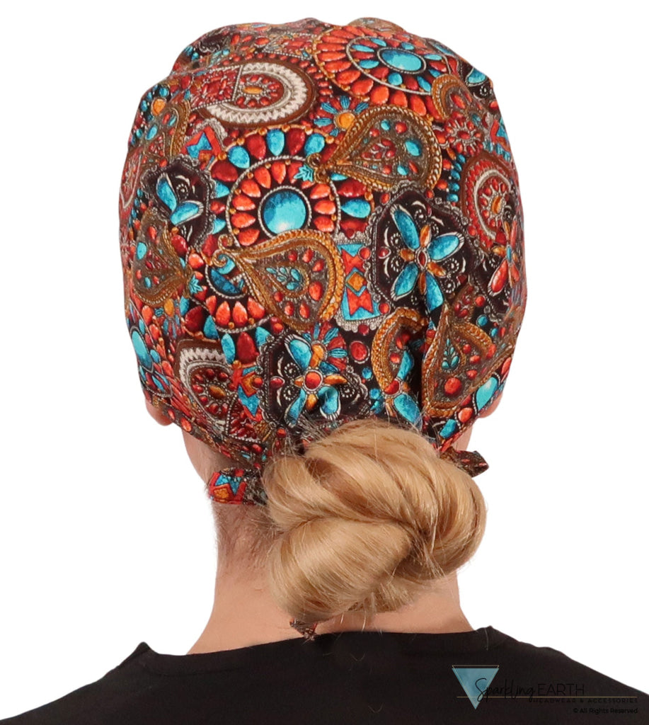 Back facing image of a woman in scrubs wearing a Classic Surgical Scrub Cap in Indian Jewelry Coral pattern.