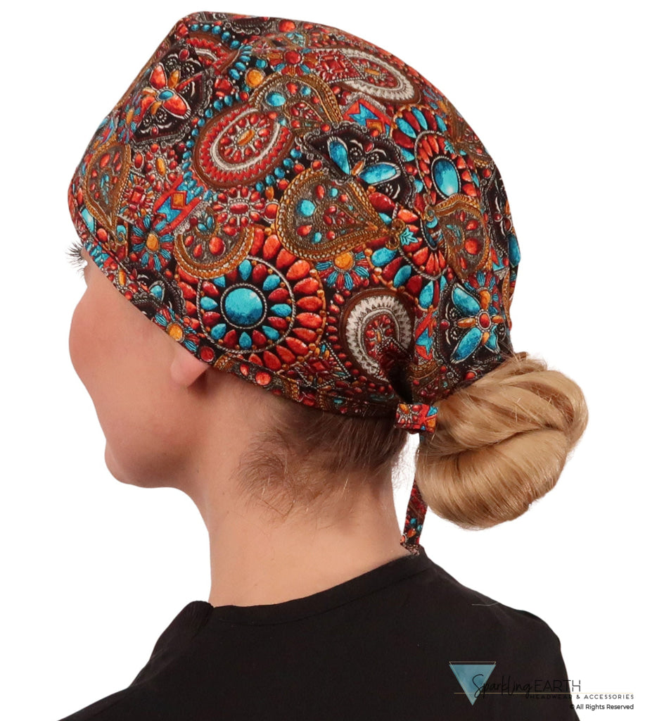 Side facing image of a woman in scrubs wearing a Classic Surgical Scrub Cap in Indian Jewelry Coral pattern.