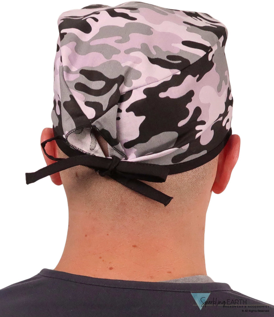Classic Cotton Surgical Scrub Cap - American-Made with Sweatband - Kickin Camo Black & Grey with Black Ties