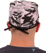 Classic Cotton Surgical Scrub Cap - American-Made with Sweatband - Kickin Camo Black & Grey with Black Ties
